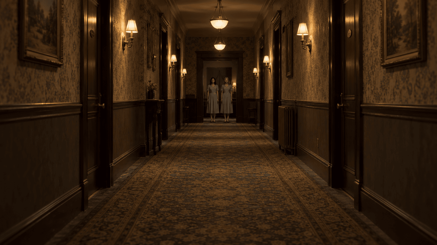Two figures stand at the end of a dim hotel corridor.
