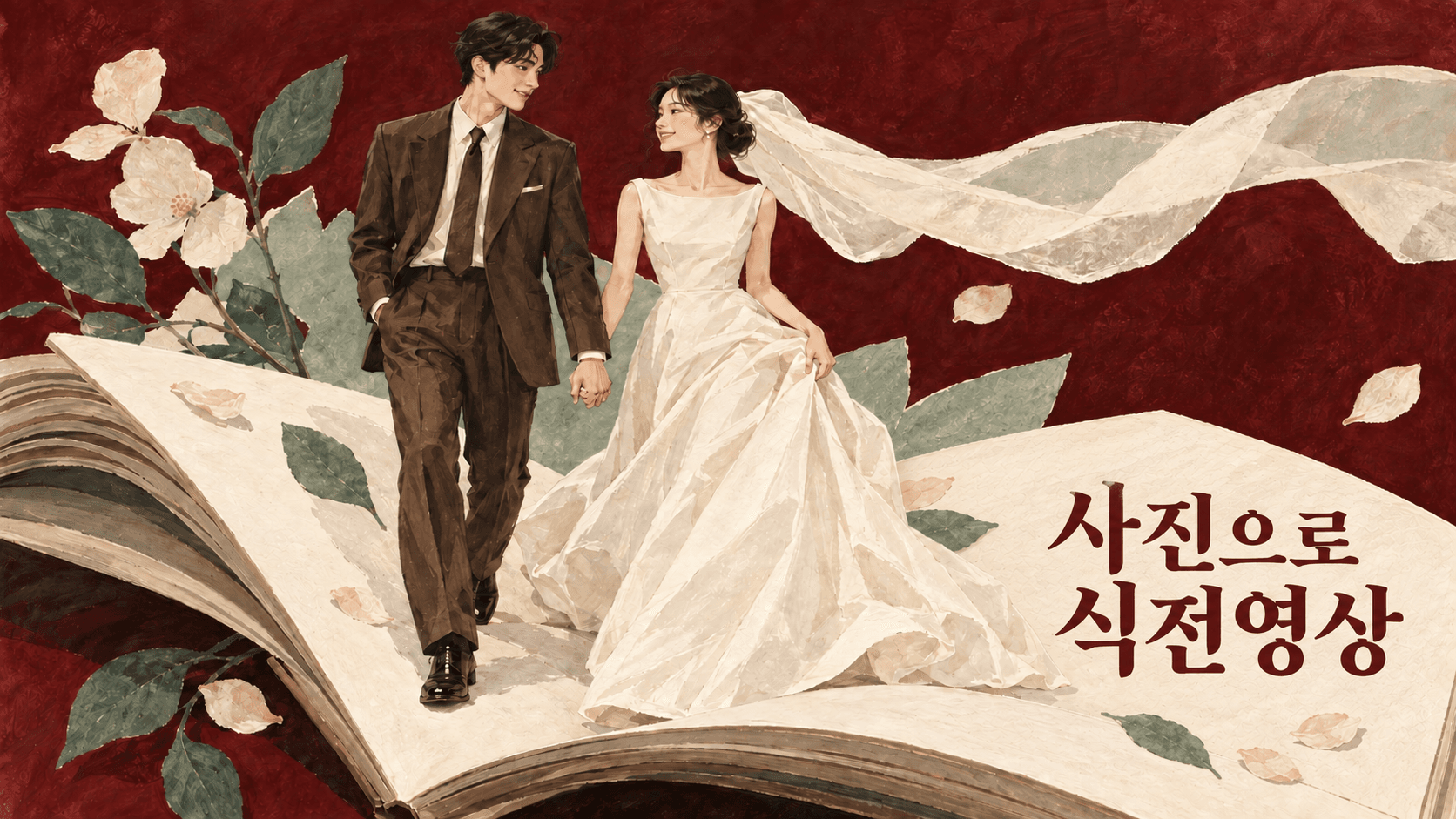 펼친 앨범 위의 신랑 신부와 ‘사진으로 식전영상’ 제목을 담은 일러스트