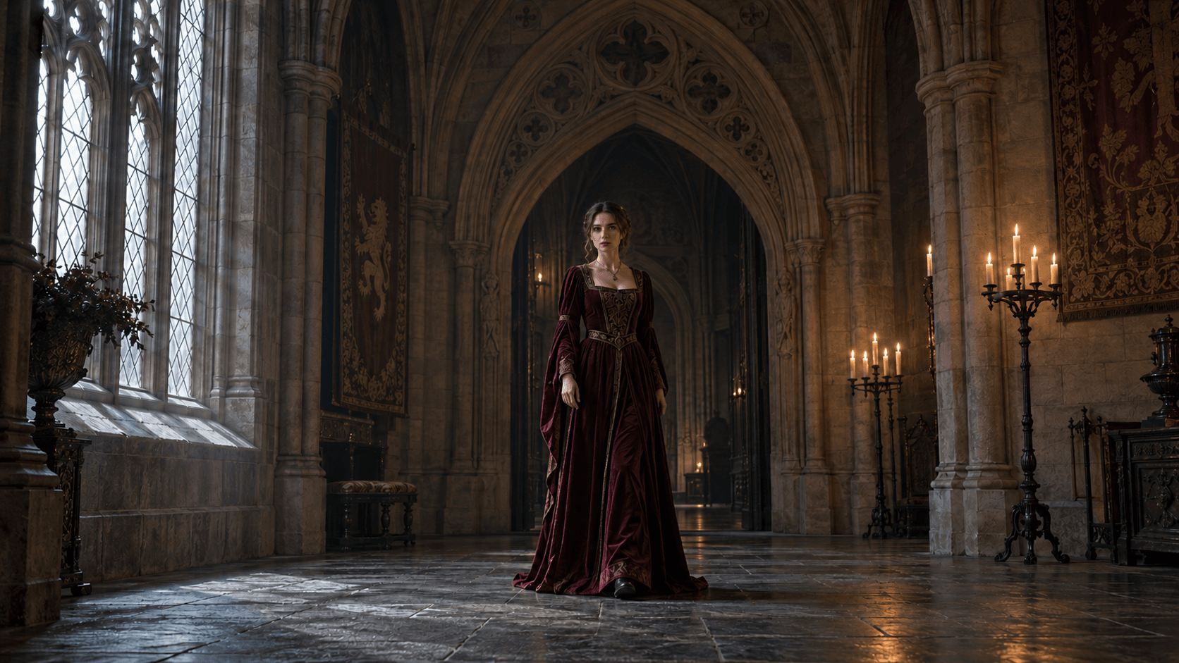 A woman in a burgundy velvet dress stands in a Gothic stone hall.