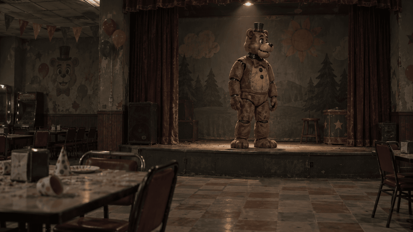 An animatronic bear stands on a stage in an abandoned restaurant.