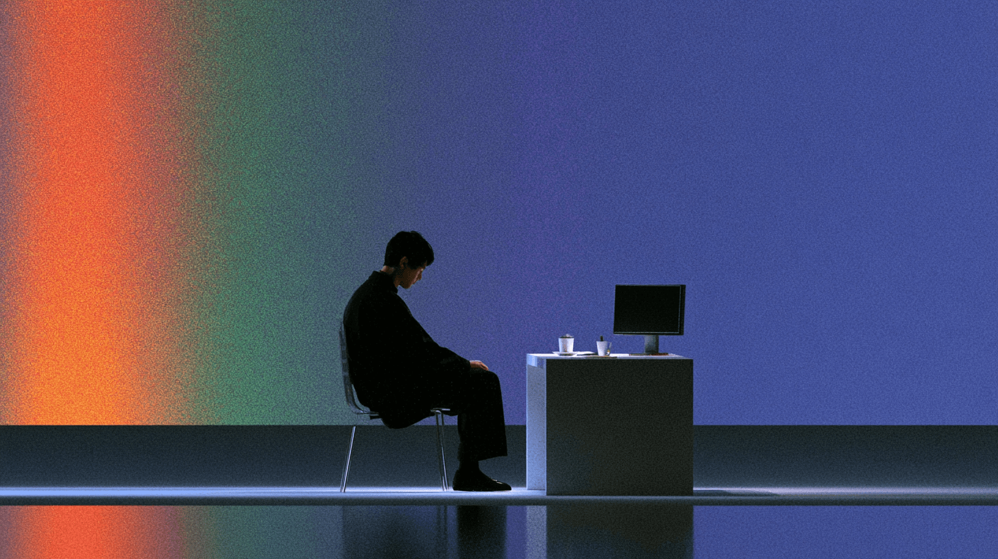 Silhouette d’une personne assise à un bureau avec un ordinateur, devant un mur éclairé en orange, vert et bleu.