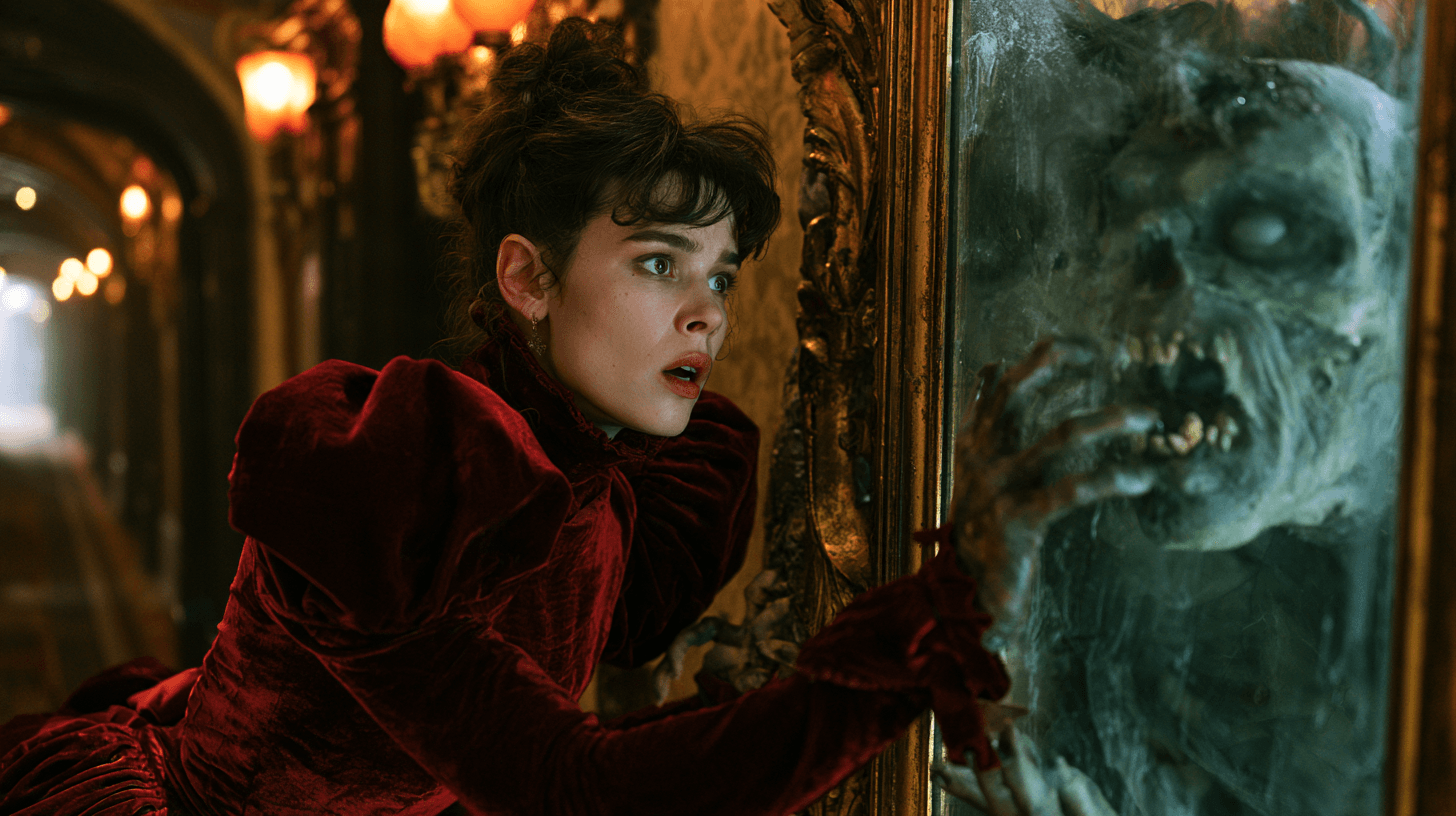 A woman in a burgundy velvet dress recoils from a zombie reflected in an ornate mirror.