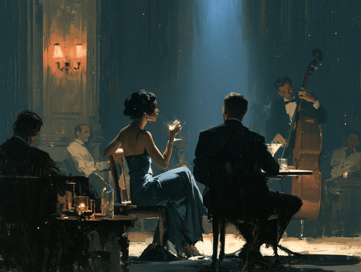 Scène de salon de jazz au rendu pictural avec des clients assis, des tables éclairées à la bougie et un contrebassiste.