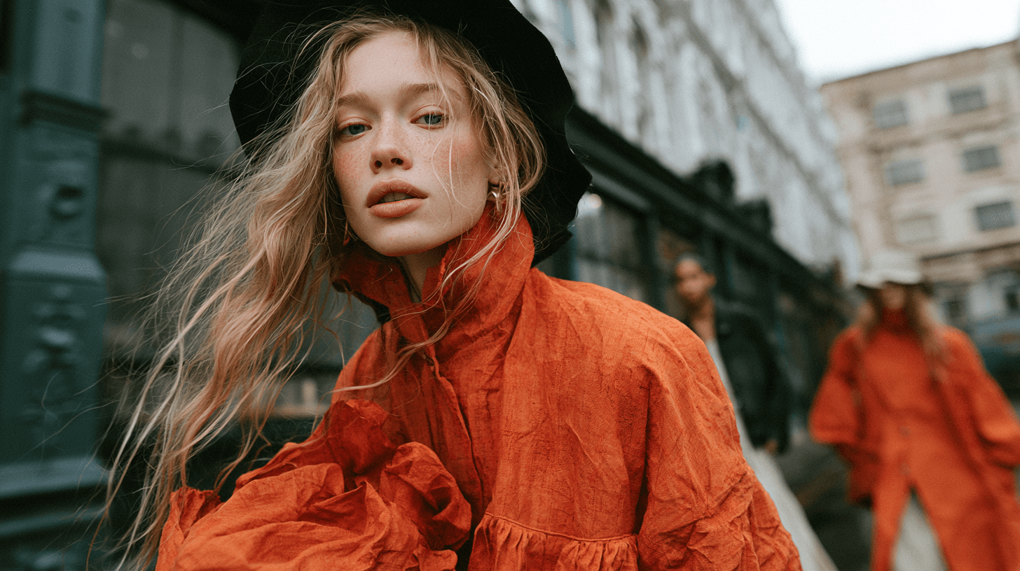 Street fashion portrait of a woman in an orange jacket and black hat, with another orange-clad figure behind her.