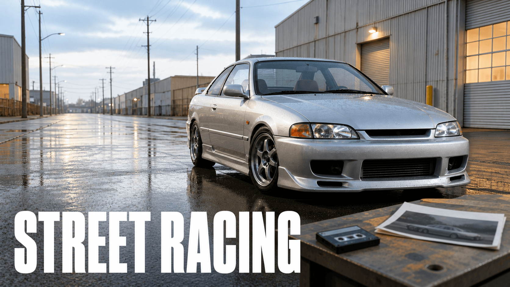 A silver 1990s Japanese coupe parked on a wet industrial street at dusk, with a cassette tape and photo prints on a workbench. Overlaid title: Street Racing.