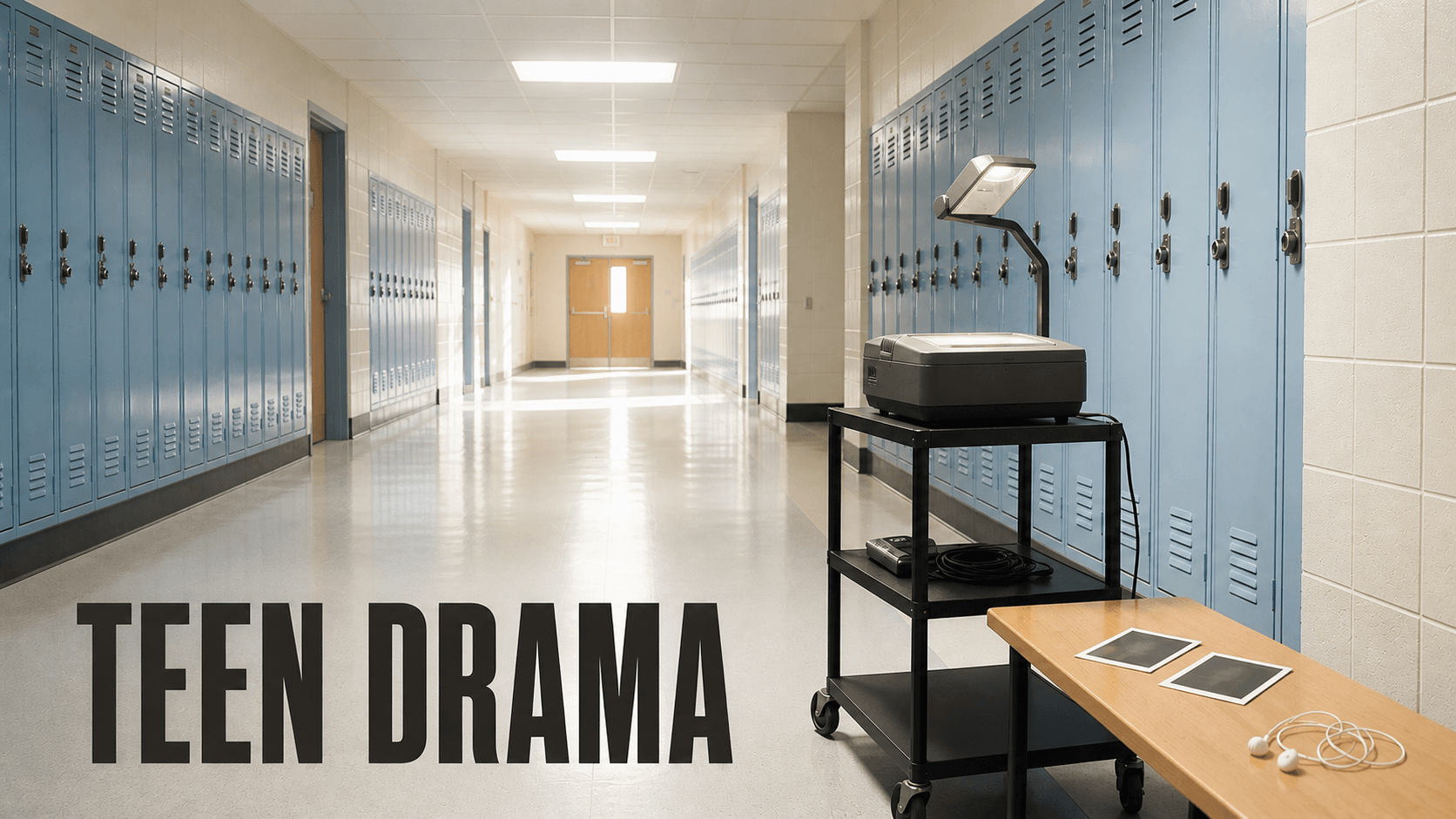 An empty school corridor lined with pale-blue lockers, an overhead projector on an AV cart and photo prints on a desk. Overlaid title: Teen Drama.