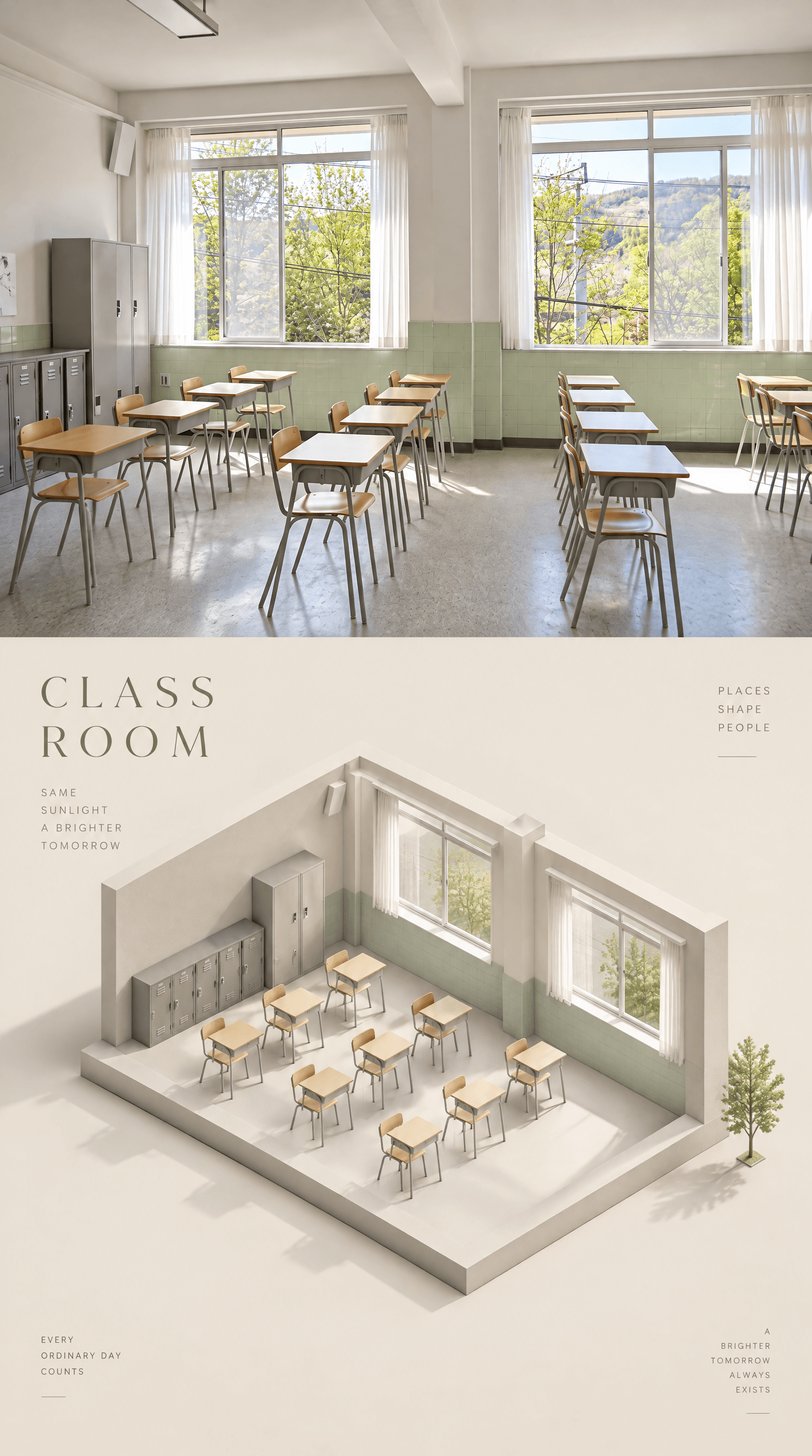 Sunlit classroom photograph paired with an isometric classroom illustration and the heading Class Room.