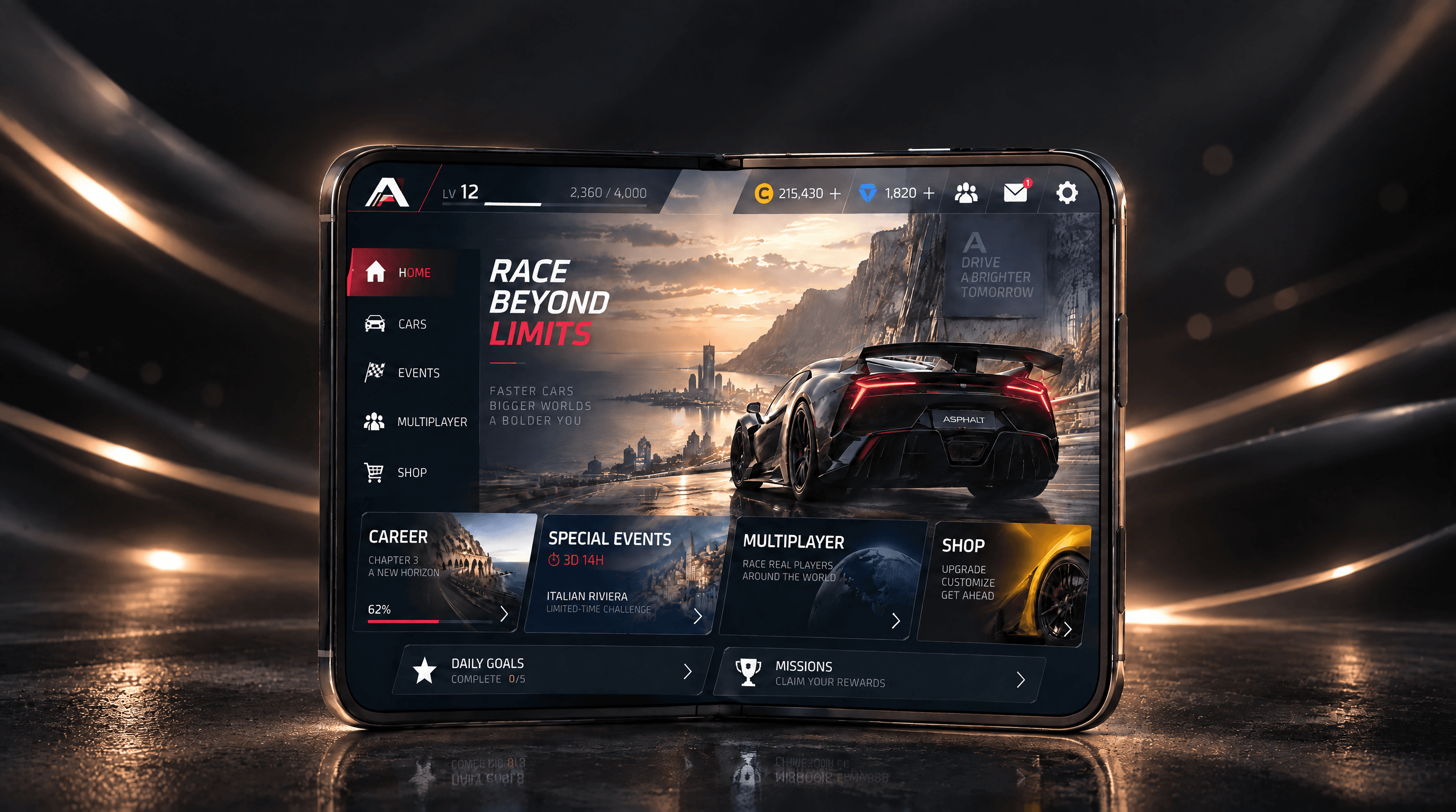 Tablet mockup displaying a racing game menu with a sports car and the headline Race Beyond Limits.