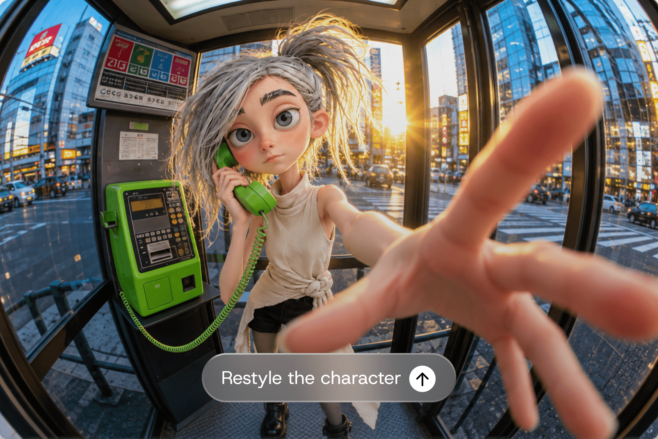 Stylized 3D character holding a green phone in a city phone booth, with a Restyle the character prompt overlay.