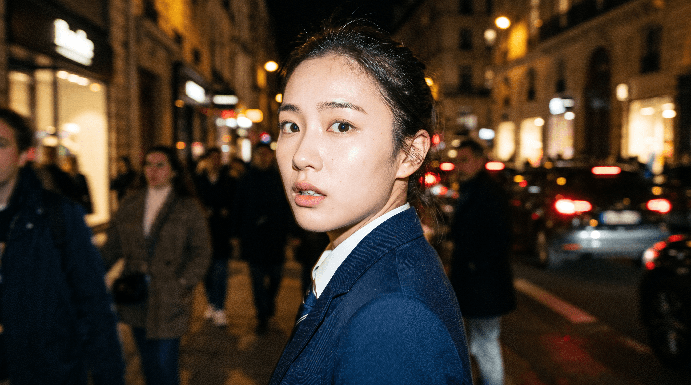 夜晚城市街道上的女子人像,以閃光燈拍攝;女子穿著海軍藍外套。