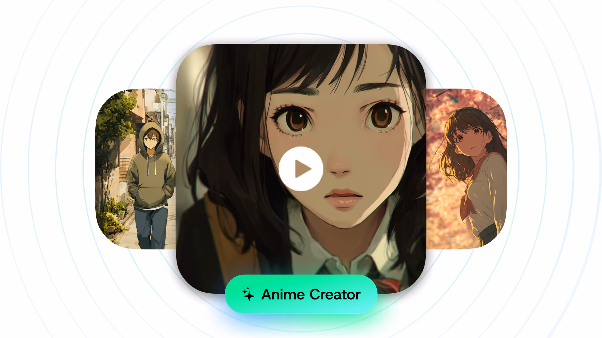 Illustration of a close-up anime girl with large brown eyes and dark hair in school uniform, flanked by two other anime characters in outdoor settings.