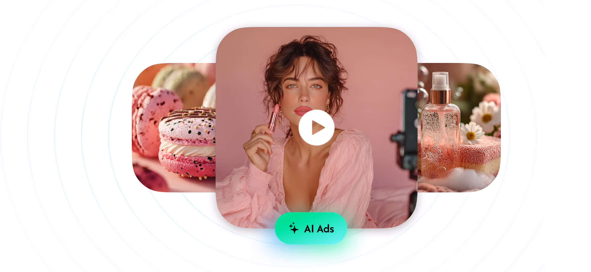 Woman applying pink lipstick in front of a camera with images of macarons and skincare products in the background, labeled AI Ads.