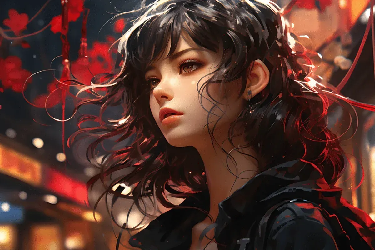 A woman with long, curly hair, wearing a black jacket, stands in a vibrant urban setting adorned with red leaves and warm lights.