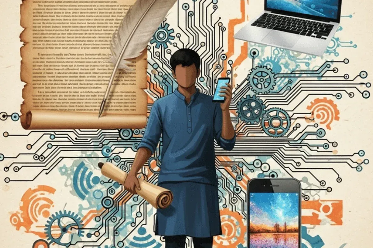 A person in traditional attire holds a smartphone and a scroll, surrounded by digital circuits, a laptop, and a quill pen.