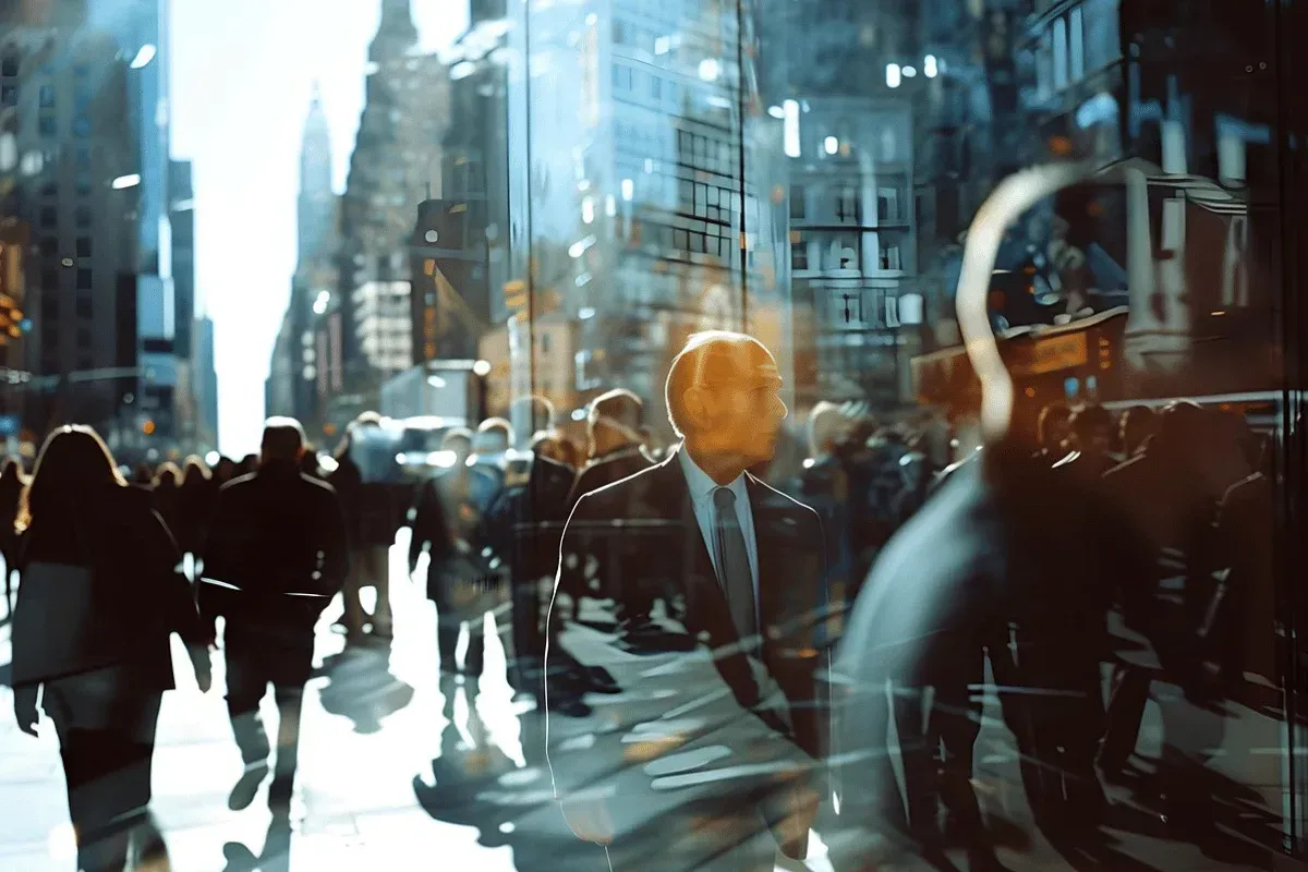 A busy urban street filled with pedestrians, tall buildings reflecting sunlight, creating a dynamic city atmosphere.