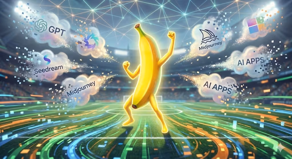 Eine illustrierte Bananenfigur steht in einer leuchtenden Szene zwischen Namen von KI-Werkzeugen.