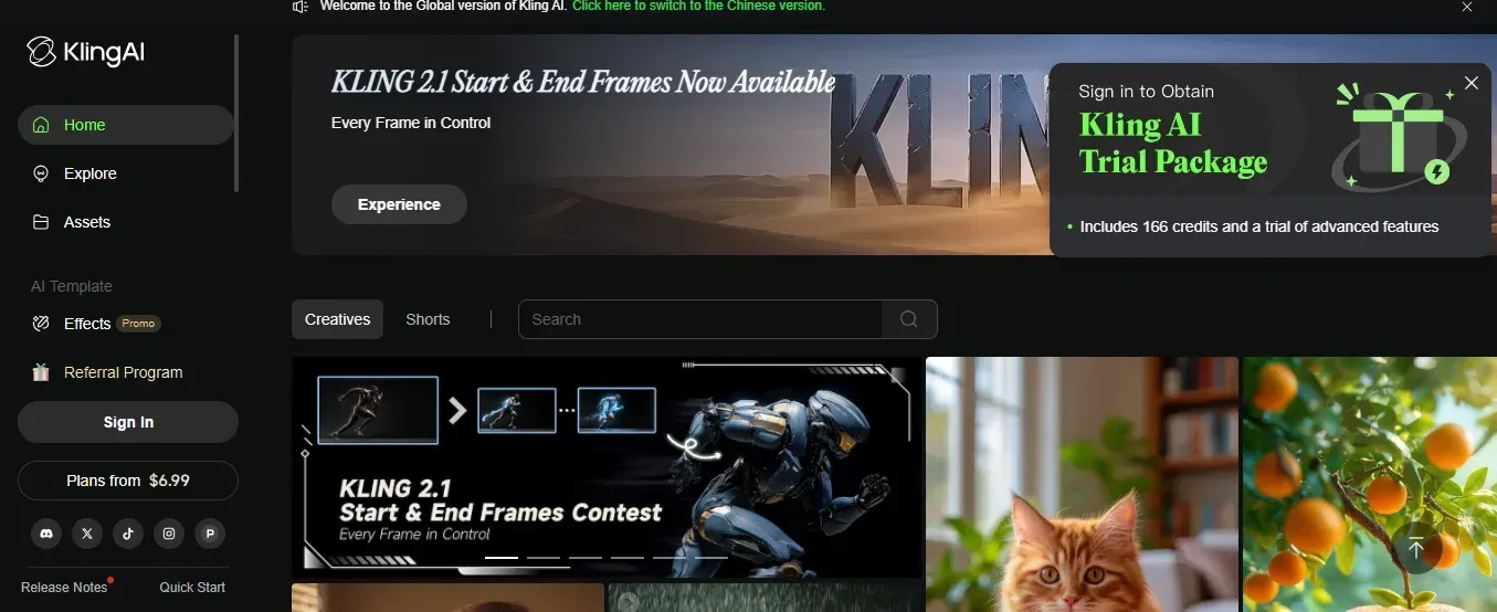 Page d’accueil de Kling AI