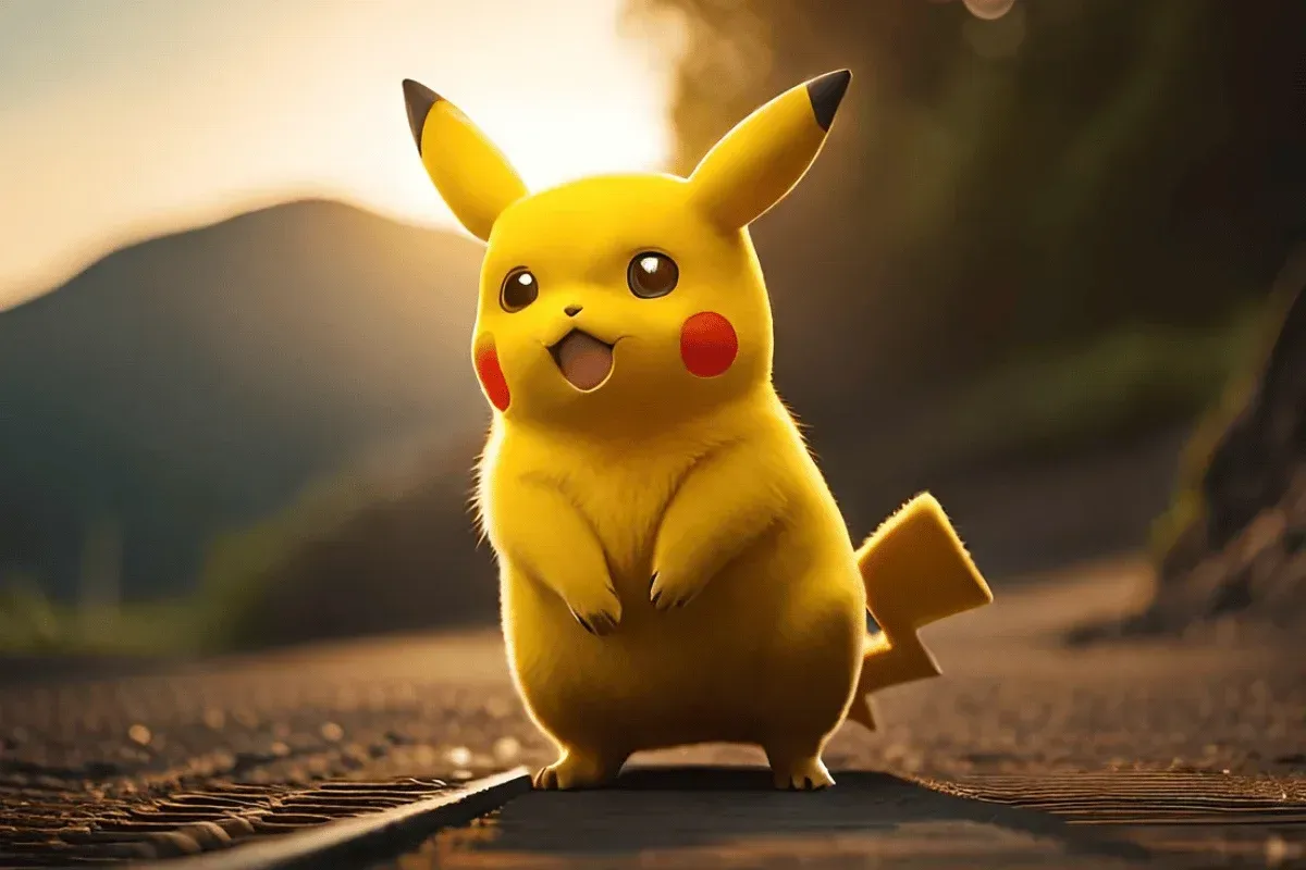 Un Pikachu joyeux se tient sur une voie ferrée au coucher du soleil. La lumière chaude illumine son pelage jaune vif et ses joues rouges, dans une ambiance gaie et ludique.