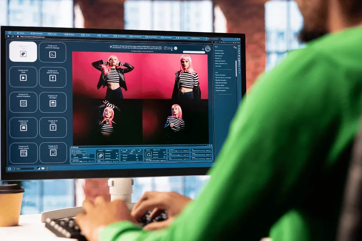 Une personne vêtue d’un pull vert retouche des photos de mode sur un ordinateur. L’écran montre des images colorées d’un mannequin aux cheveux roses et au haut rayé, sur fond rouge. L’atmosphère est créative et professionnelle.