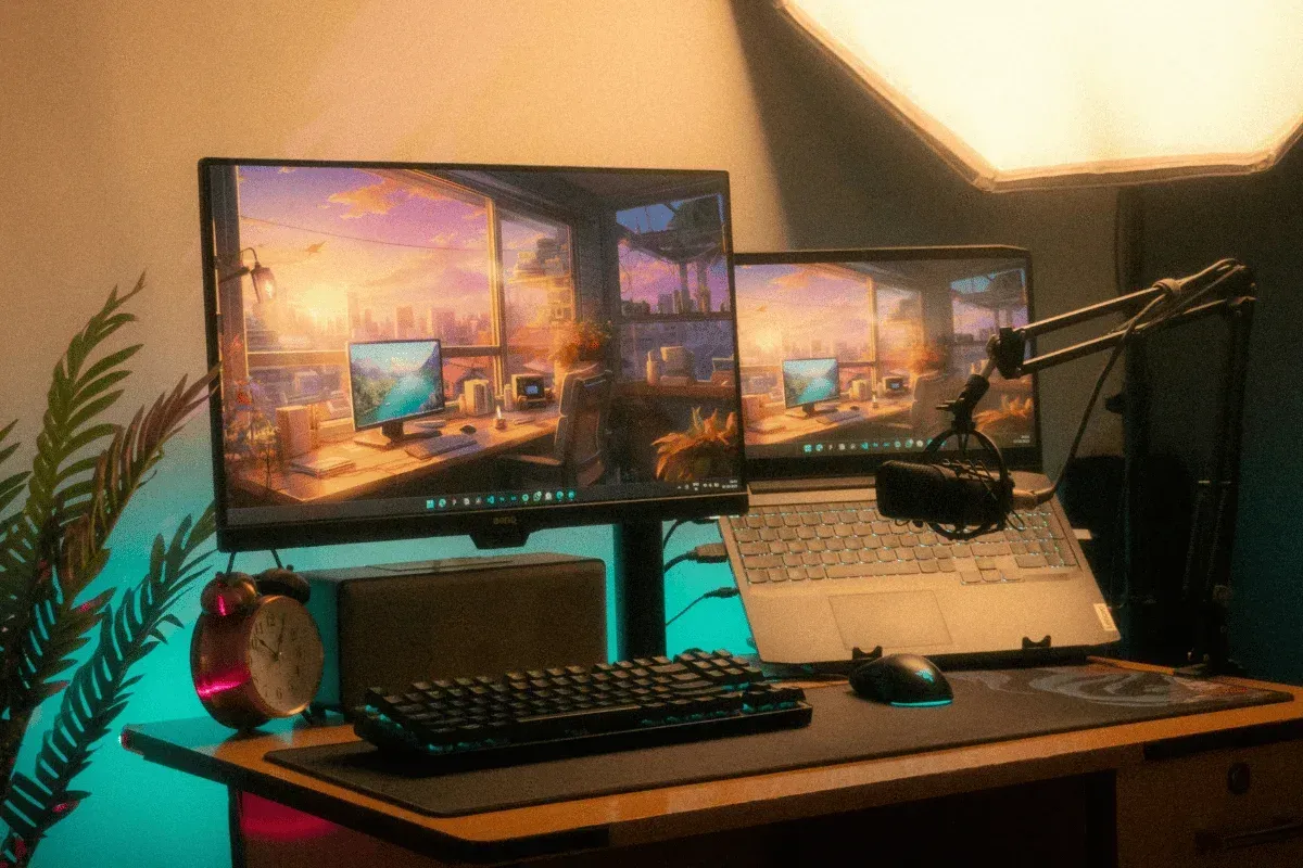 Un bureau chaleureux avec deux écrans affichant un paysage urbain au coucher du soleil. Un clavier, une souris, un microphone et une plante créent une ambiance accueillante.
