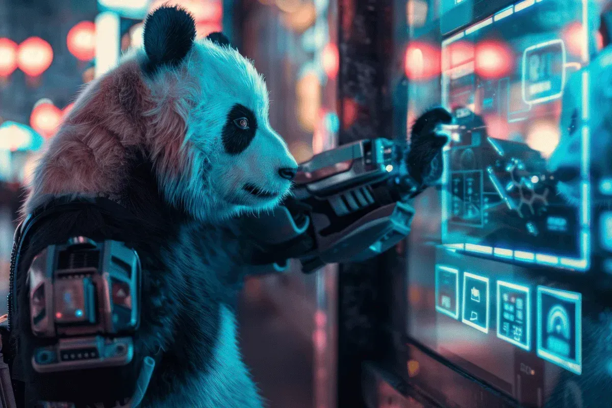 A futuristic panda in robotic armor interacts with a holographic screen. Neon lights glow around, creating a sci-fi atmosphere, suggesting technology and curiosity.