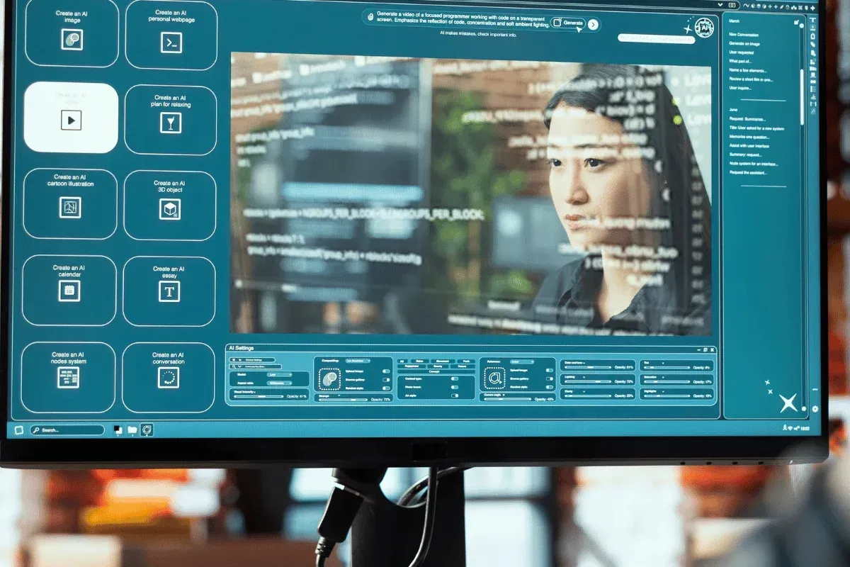 A computer screen displaying complex software with a focused person in the background. Code overlays the image, conveying a high-tech, analytical atmosphere.