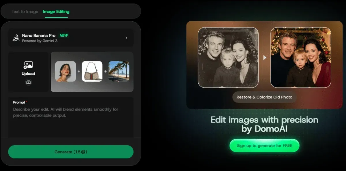 A dark-themed image editing interface showcasing options to upload photos and restore old images, with examples on display.