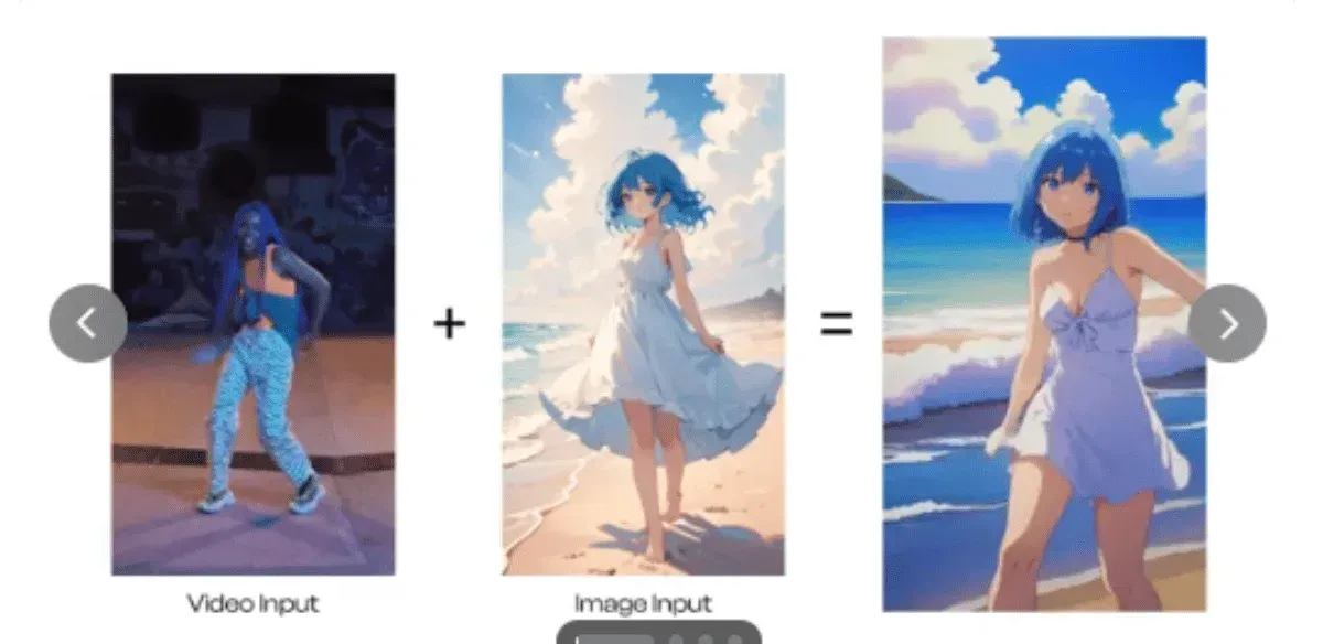 Videobild, das eine Person zeigtEine dunkle Umgebung verschmilzt mit einer hellen Strandszene im Anime-Stil mit einer Figur in einem weißen Kleid unter blauem Himmel.