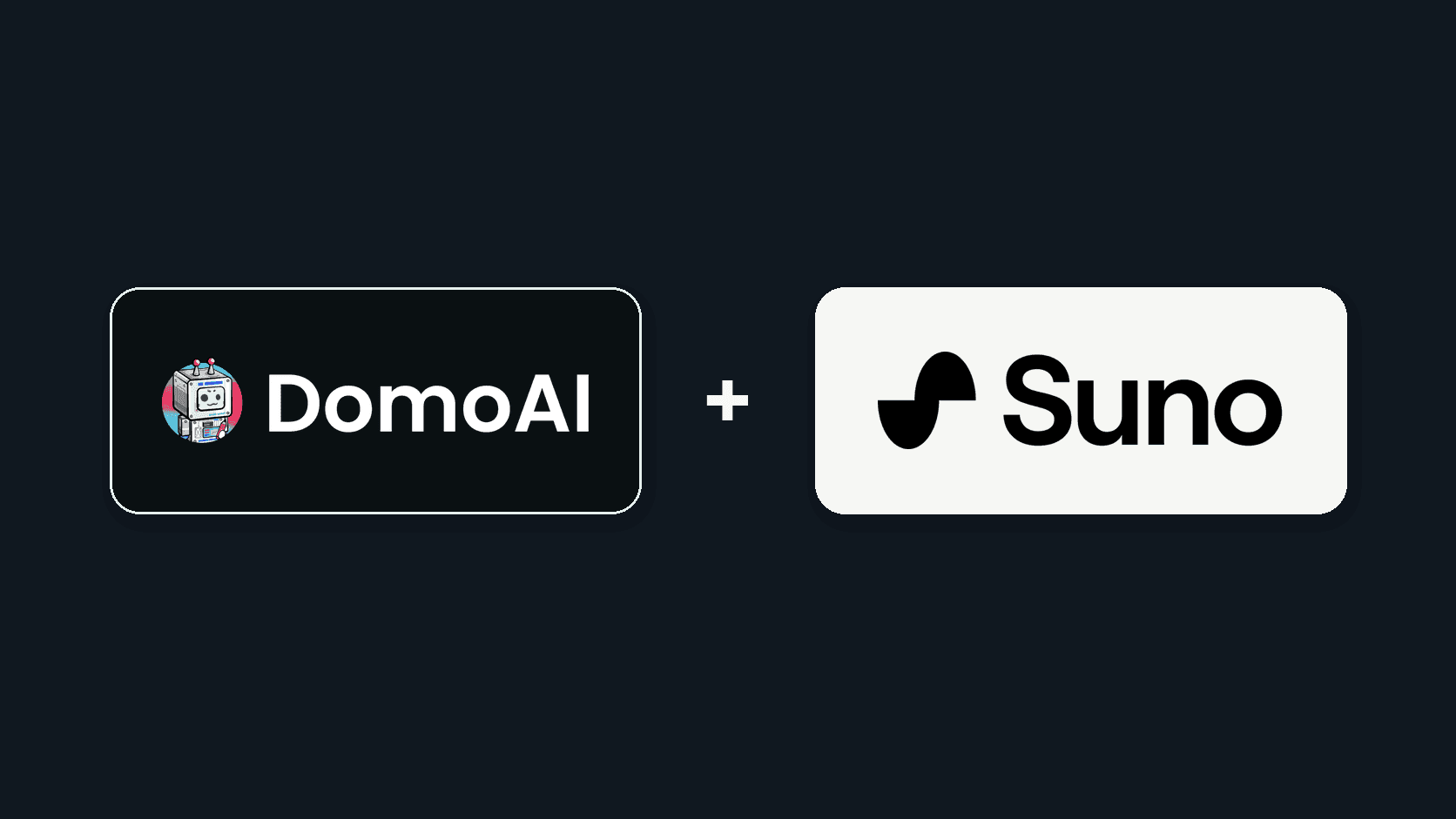 Die Logos von DomoAI und Suno mit einem Pluszeichen vor dunklem Hintergrund
