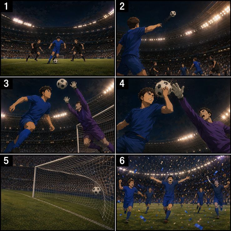 Storyboard d’une animation IA inspirée des moments forts du football