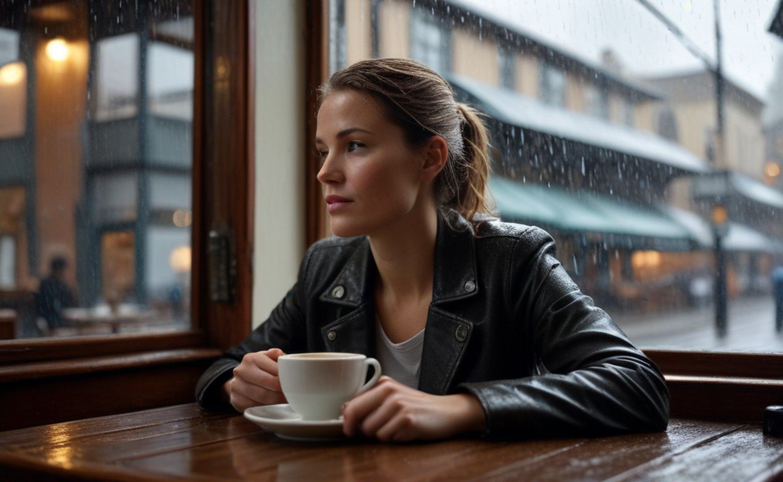 元画像:雨の降るカフェの窓辺に座る女性