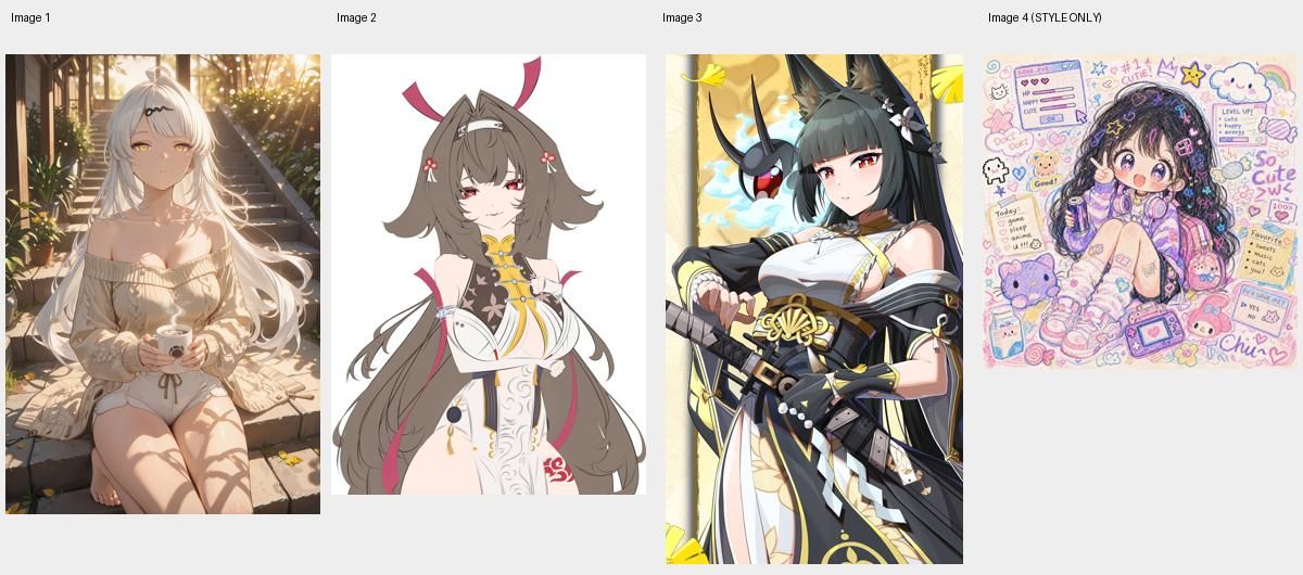 References 01–03 · characters; reference 04 · style only