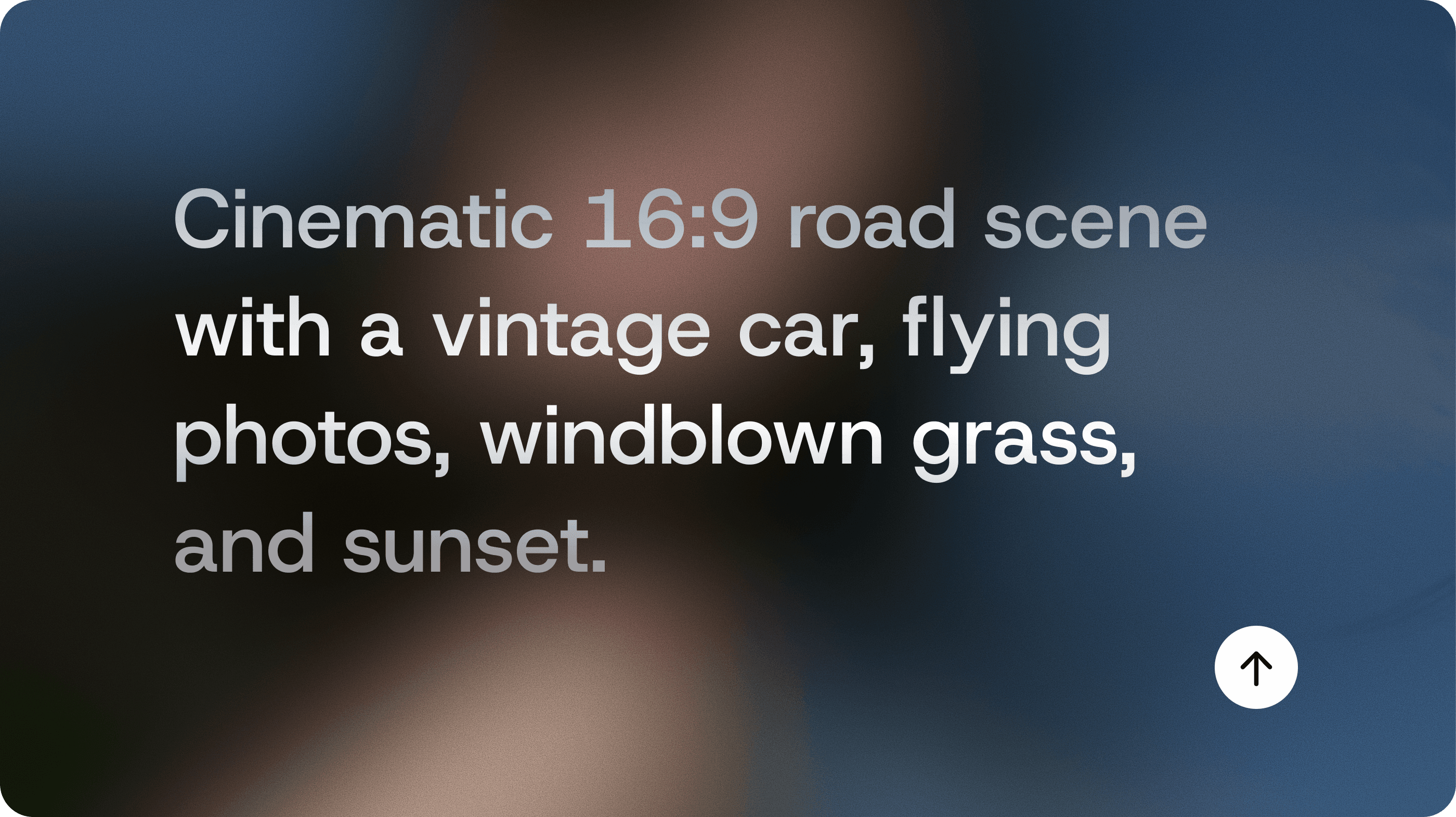 Image prompt: Cinematic 16:9 road scene with a vintage car, flying photos, windblown grass, and sunset.
