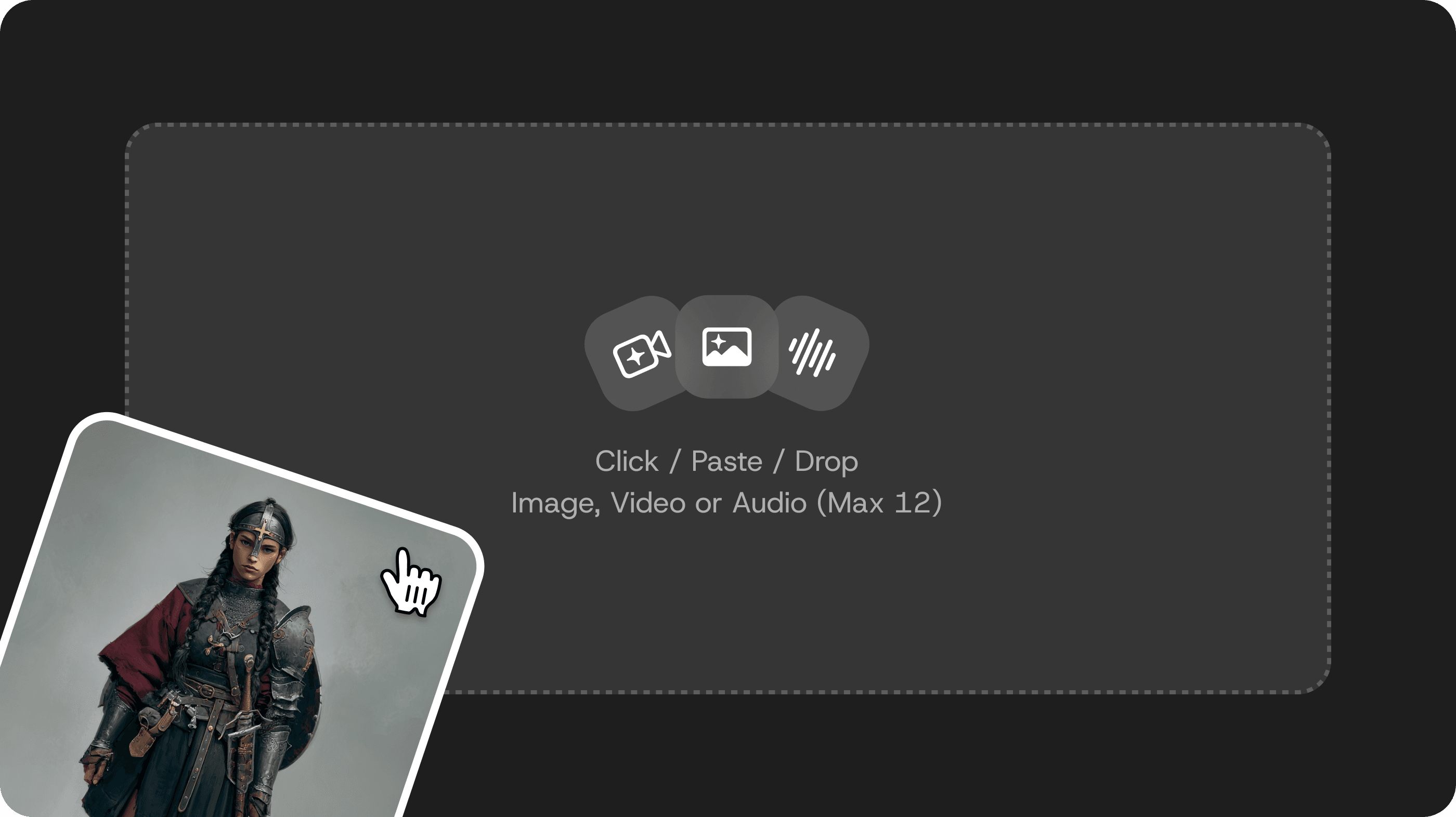 A character portrait being dragged into an image, video, or audio upload area