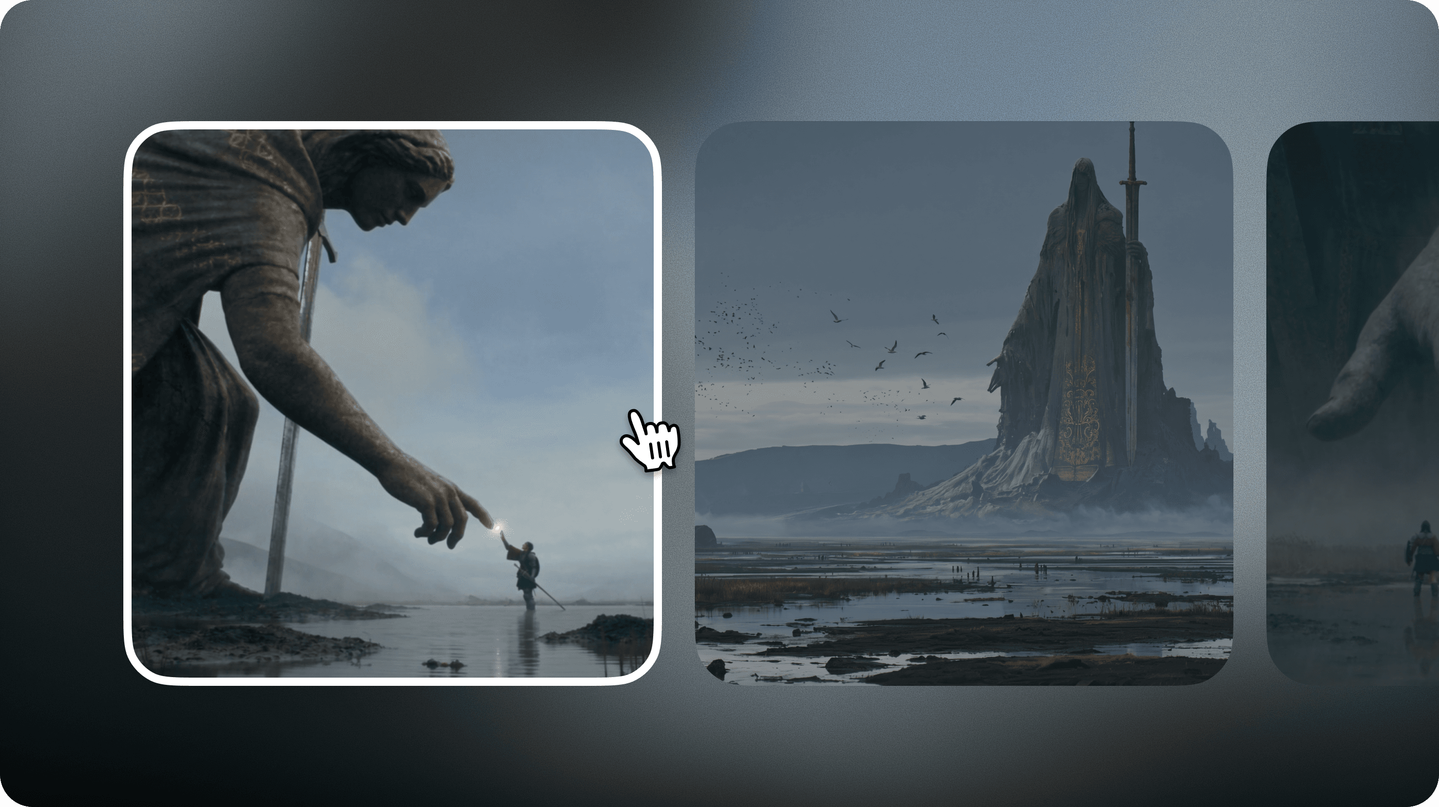Three generated variations of a giant stone figure reaching toward a lone warrior in a misty landscape