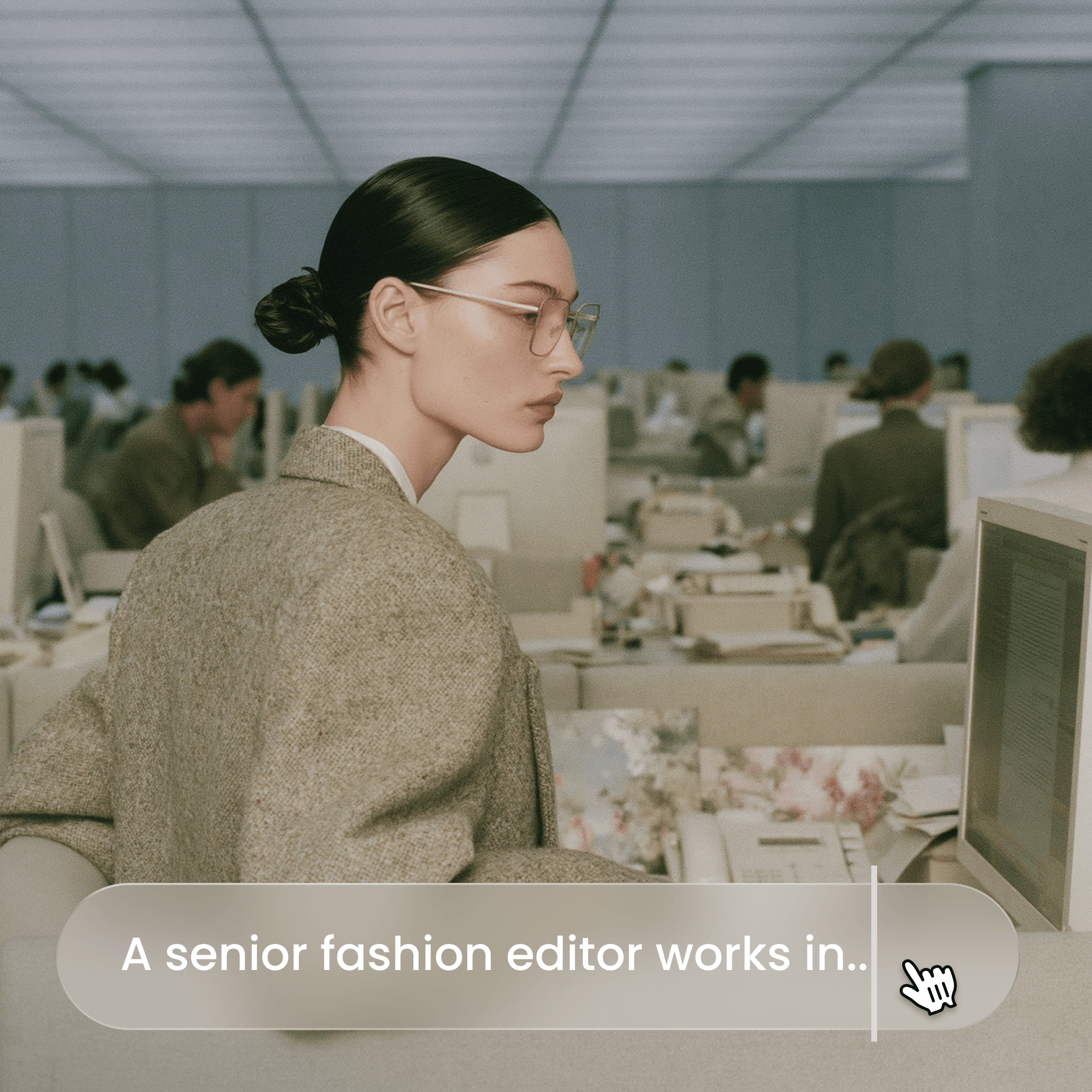 Minimax H3 text-to-video generation of a fashion editor working in a retro office