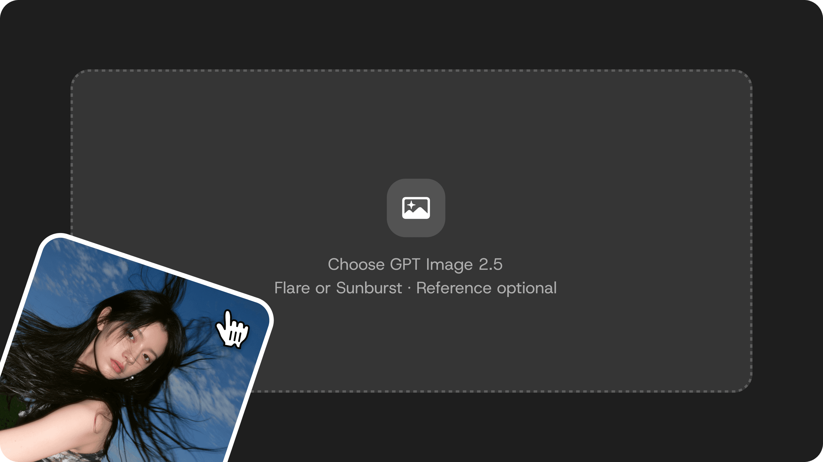 DomoAI reference upload illustration with a portrait and instructions to choose GPT Image 2.5 Flare or Sunburst.
