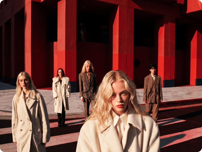 Cinq mannequins en manteaux de couleur neutre devant des colonnes d’un rouge vif.