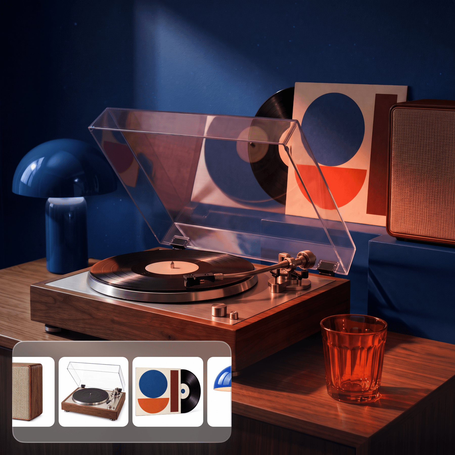 Une platine vinyle, une lampe bleue, une œuvre abstraite et un verre orange réunis dans une composition, avec des vignettes de référence en dessous.