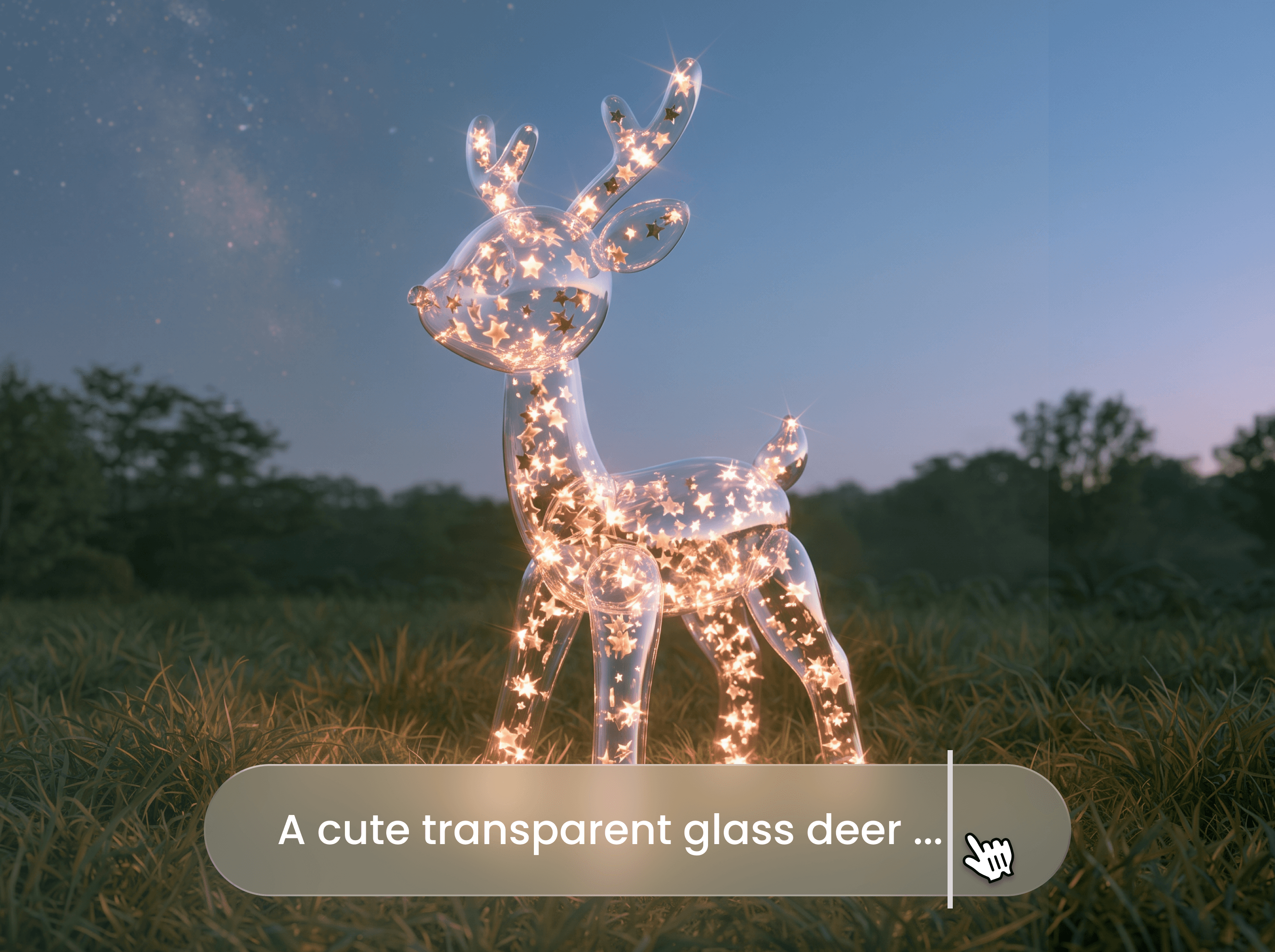 Un cerf en verre transparent illuminé de petites lumières dans un champ herbeux, avec un prompt d’image en surimpression.