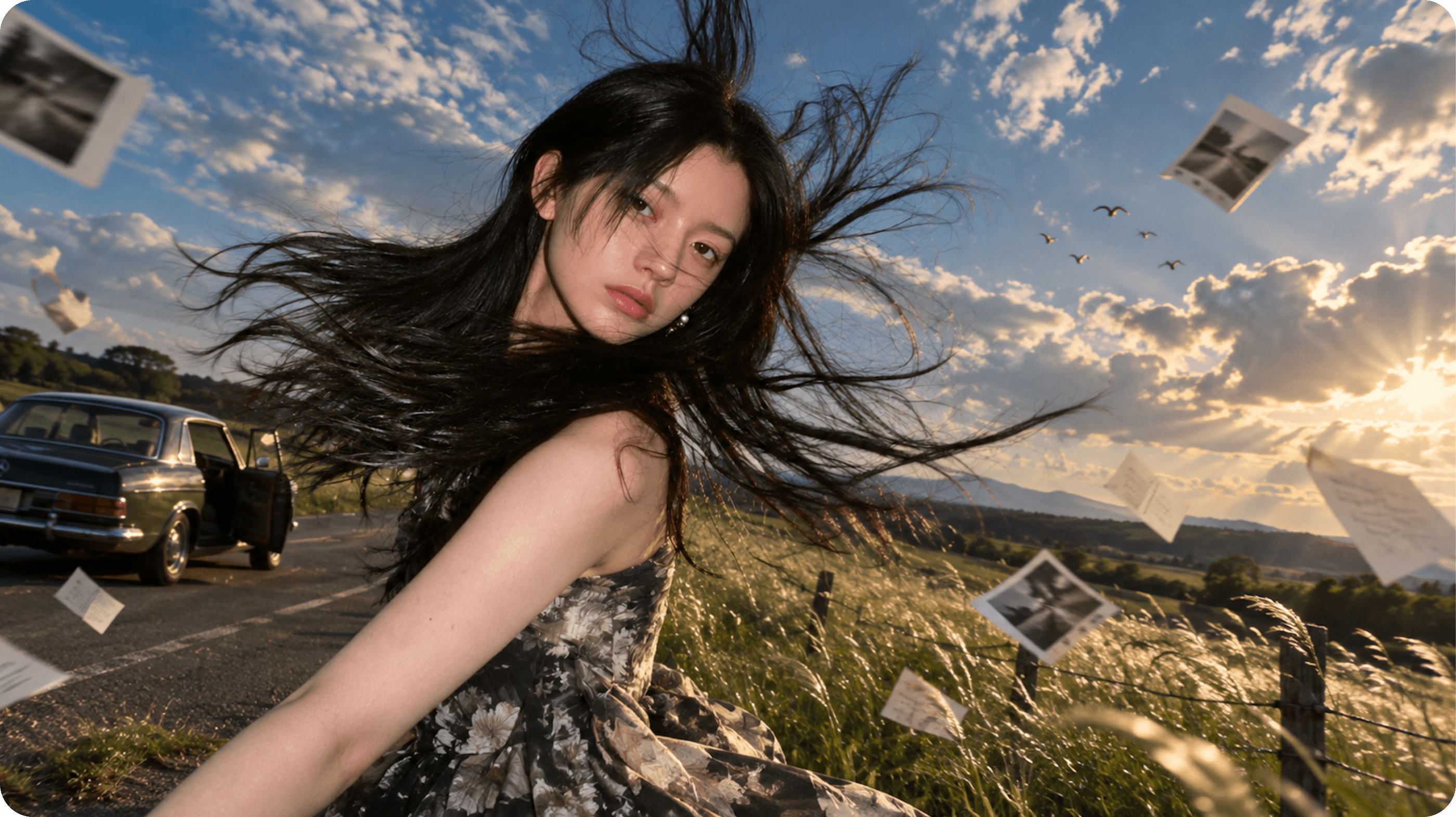Woman with windblown hair beside a vintage car, tall grass, and floating photographs at sunset.