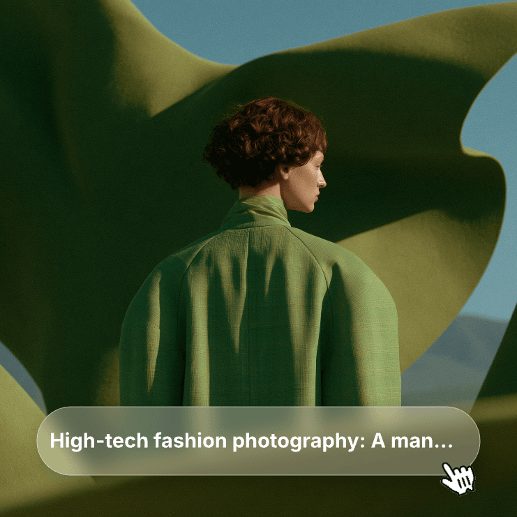 Fashion portrait of a man in a green shirt against sculptural green shapes, with a prompt overlay.