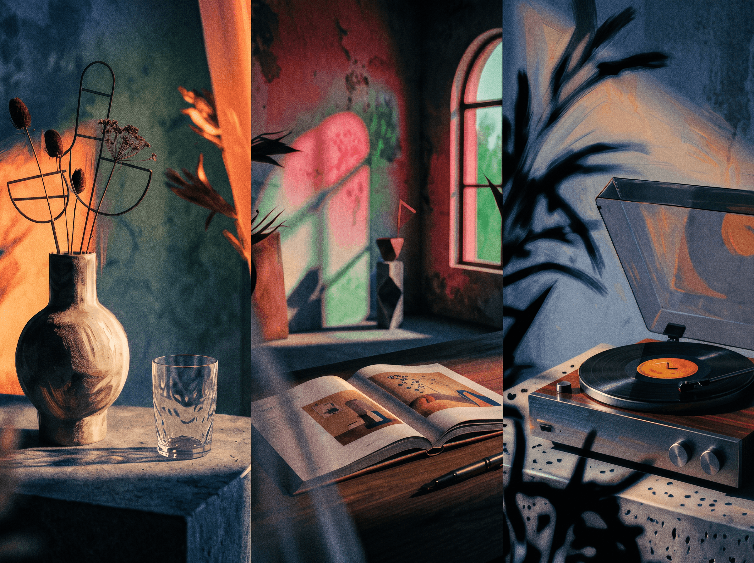 Collage d’intérieur en trois volets montrant un vase et un verre, un livre ouvert près d’une fenêtre et une platine vinyle.