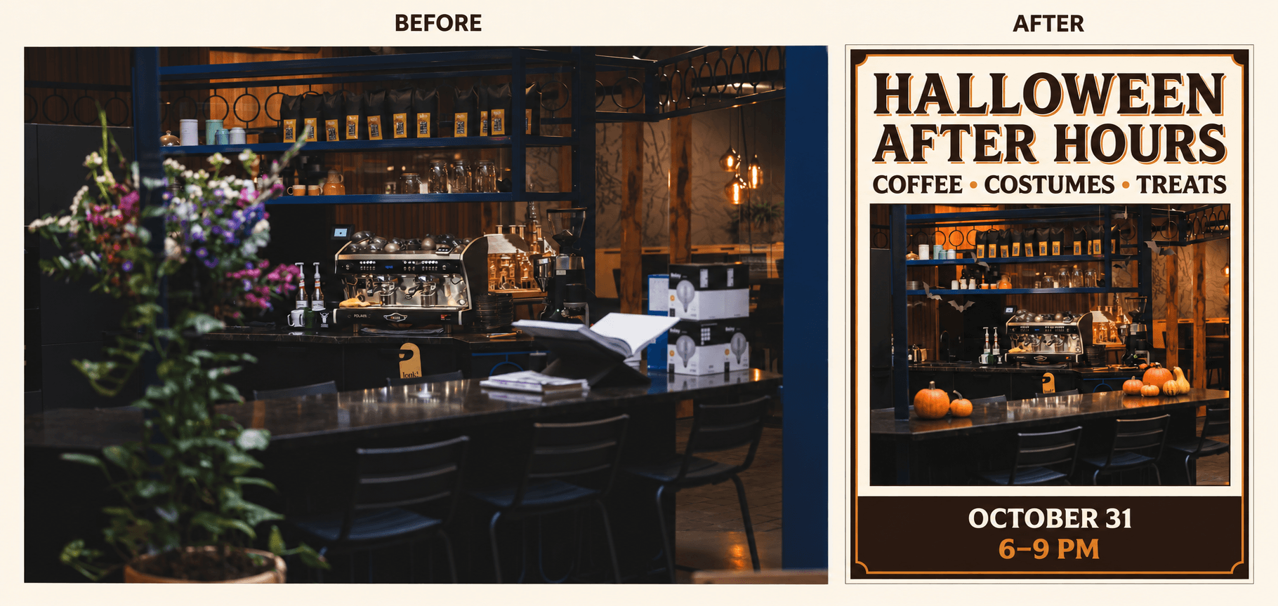 Before-and-after comparison of a café photo and a Halloween event poster with pumpkins, paper bats, and event details.