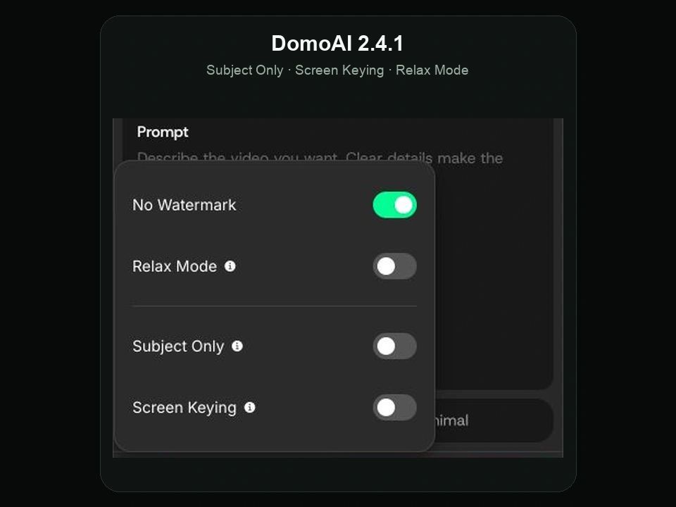 DomoAI 2.4.1 settings showing No Watermark, Relax Mode, Subject Only, and Screen Keying.