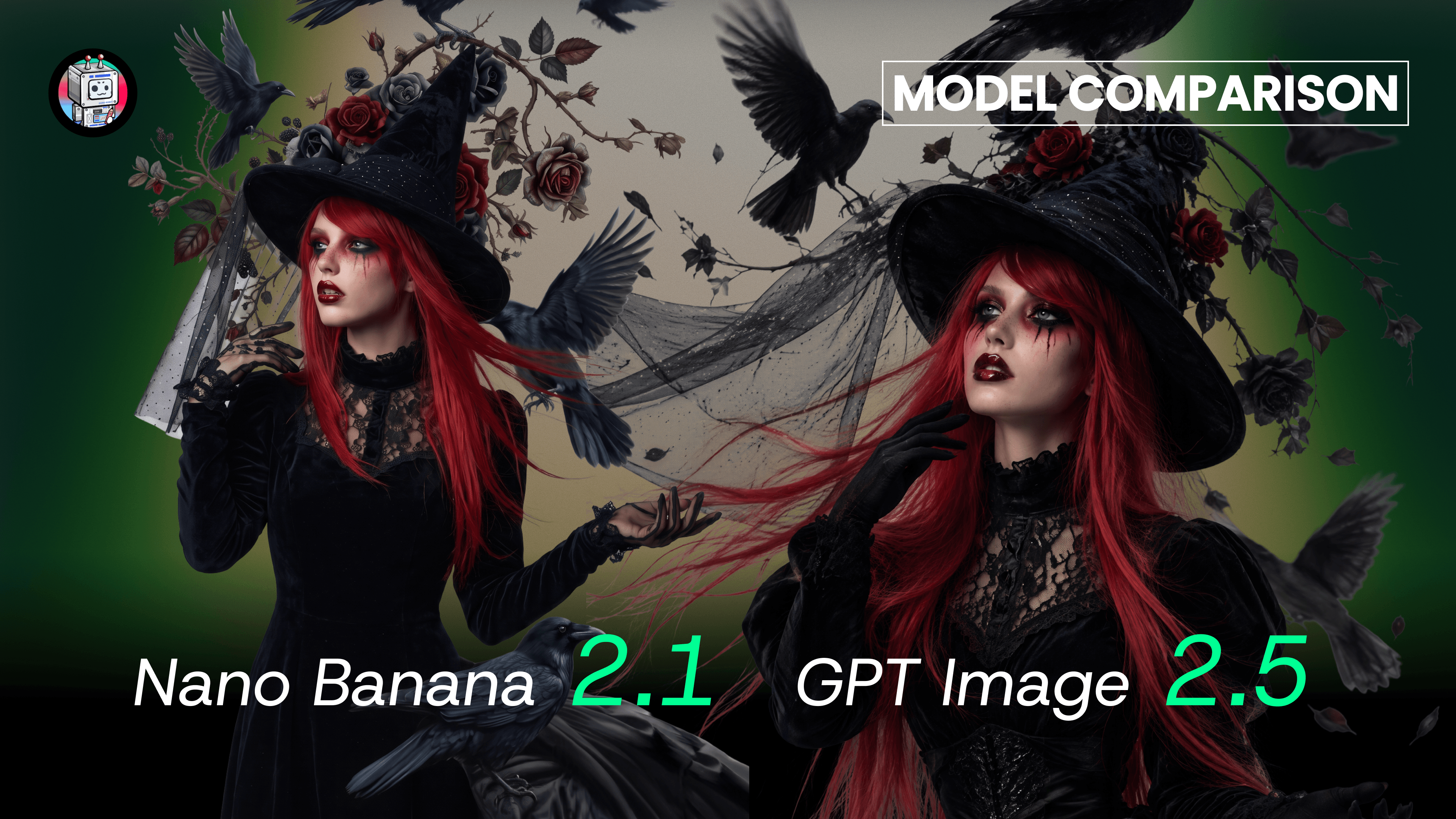 Side-by-side red-haired witches with ravens and roses, labeled Nano Banana 2.1 and GPT Image 2.5.