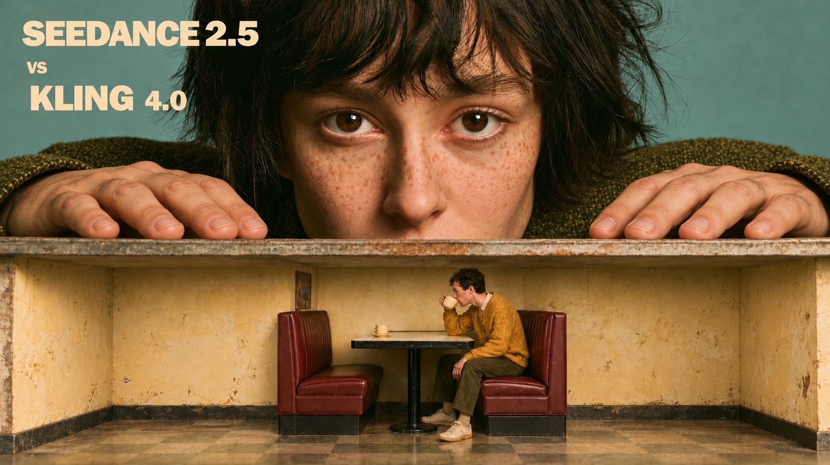 A giant freckled face peers over a miniature diner scene beneath the words “Seedance 2.5 vs Kling 4.0”.