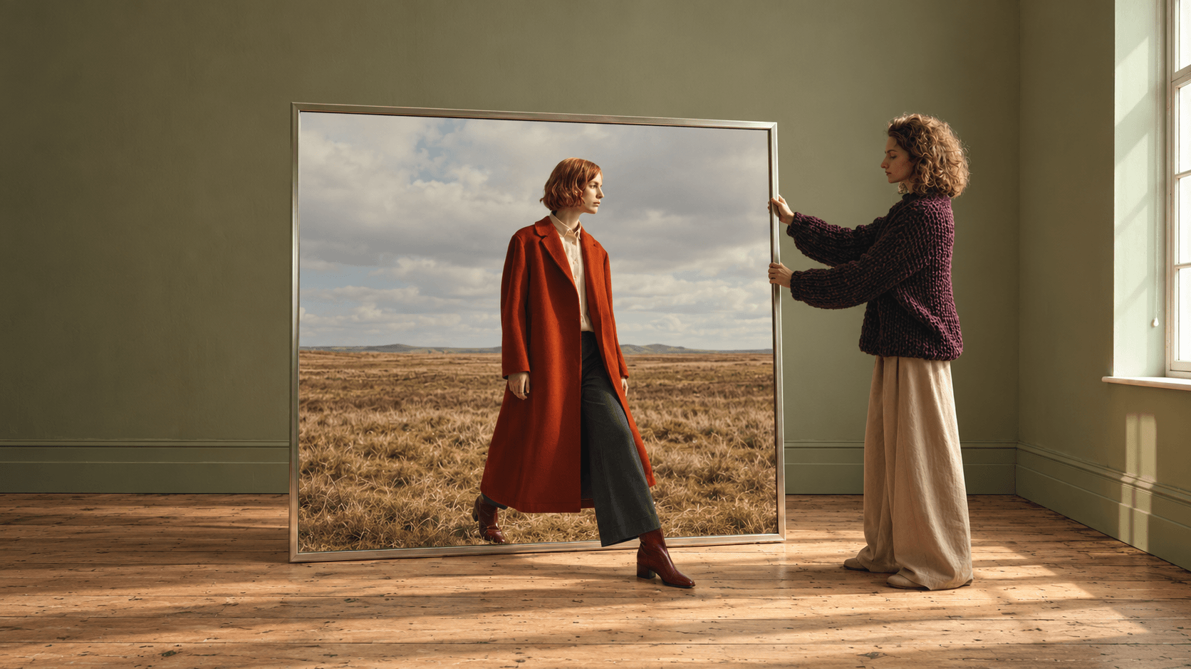 A woman in a rust-red coat steps out of a framed landscape while another woman holds the frame in a sunlit room.