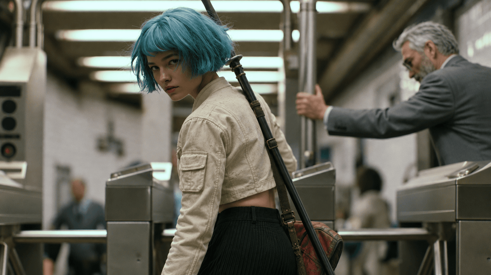 A blue-haired woman with a sword strapped to her back looks over her shoulder at subway turnstiles.