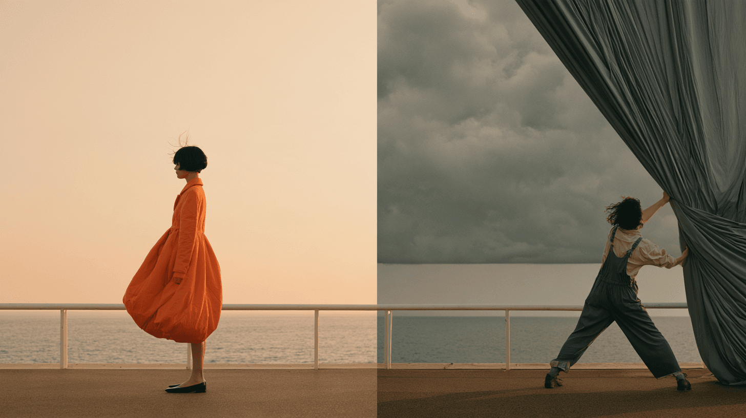 A woman in an orange coat stands on a seaside promenade as another person pulls aside a curtain resembling a cloudy sky.